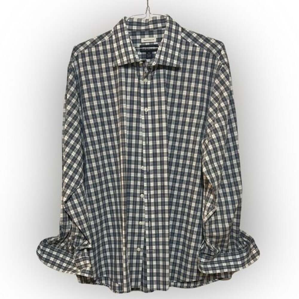 Jos. A. Bank Navy, White & Brown Plaid Shirt. Like new and freshly Dry Cleaned!